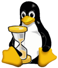 penguins hour Logo, ein Pinguin               mit einer Sanduhr im Arm